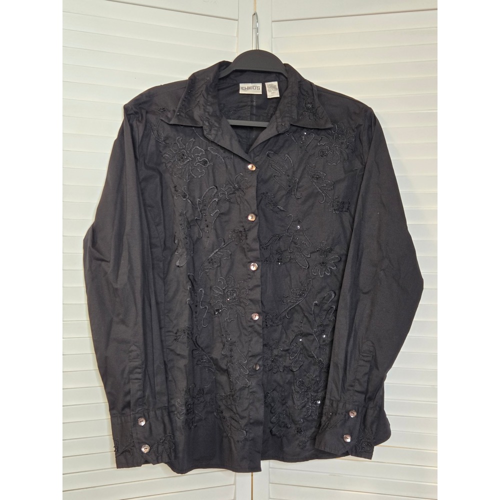 Chico's Embroidered Beaded Button Down Shirt Size 2 Large Black Cotton Stretch
